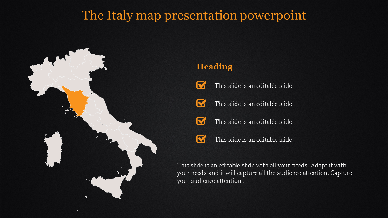 Italy map slide with one region highlighted in orange, set against a dark background with text and checkmarks.