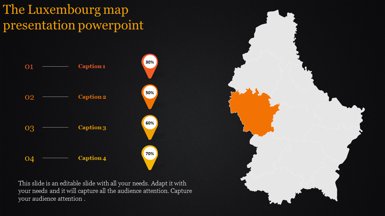 Luxembourg map presentation with percentage markers and highlighted regions with captions on a dark backdrop.