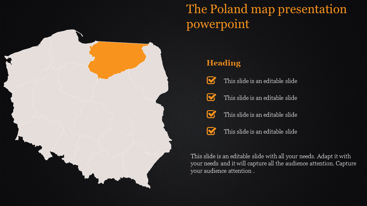 Poland map presentation slide highlighting the northeastern region with checkboxes for content on a dark background.