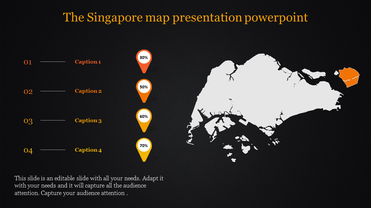 Singapore map PowerPoint slide with progress indicators for different sections on a dark backdrop.