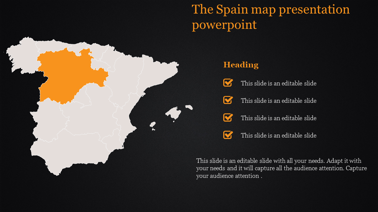 Spain map slide focusing on Castile and León, highlighted in orange, with a list of editable items.