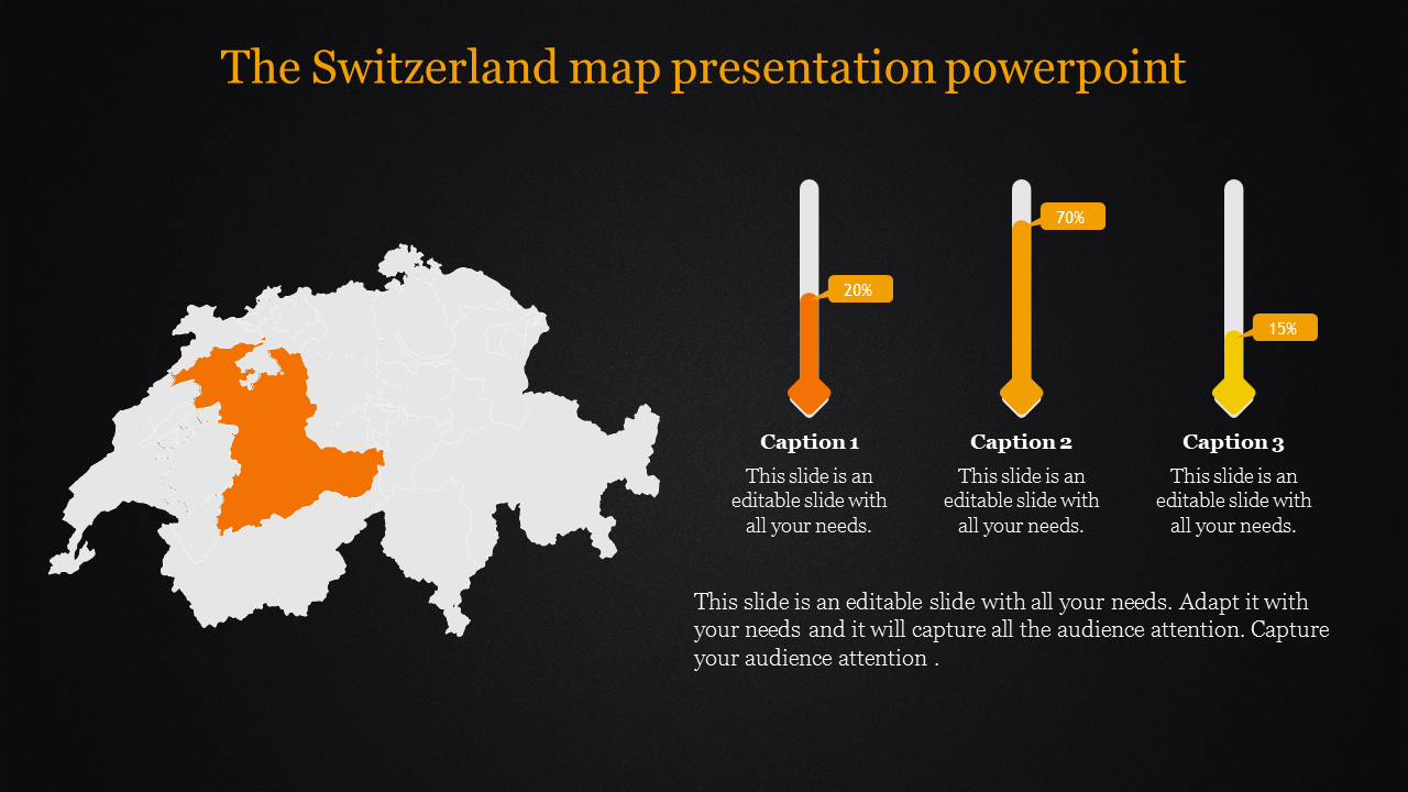 Switzerland map with the highlighted region and progress bars showing different data points on a dark background.