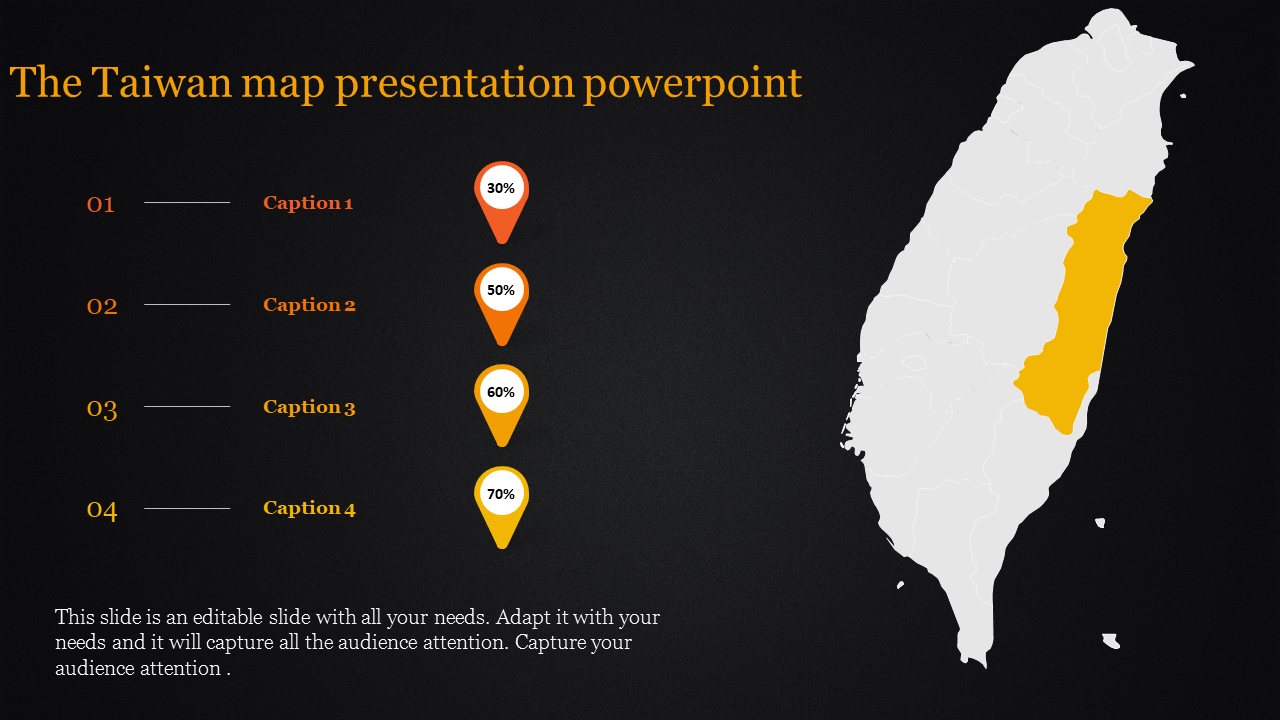 Taiwan map PowerPoint template with the highlighted region and progress percentages with placeholder text.