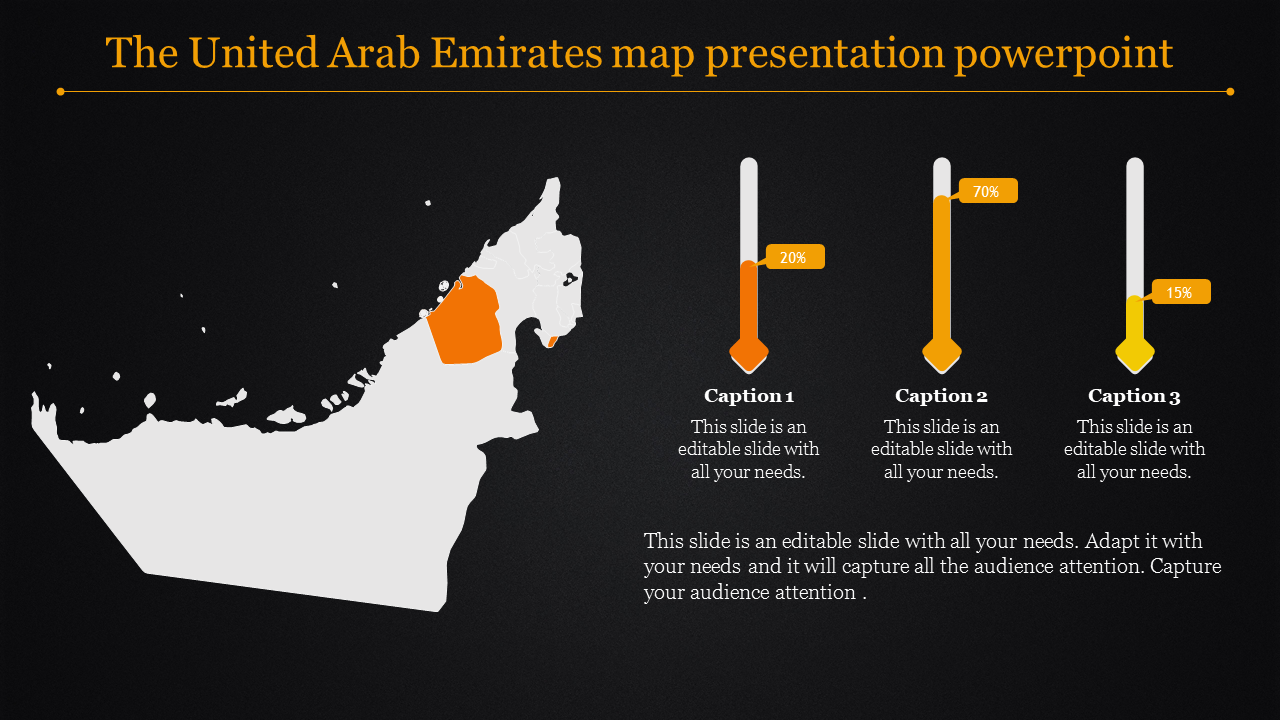 UAE map slide with orange highlight, featuring three vertical markers in yellow tones, on a black background.