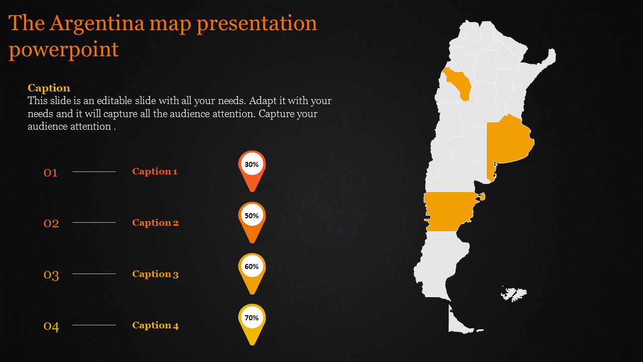 Map of Argentina with selected provinces highlighted in orange, alongside labeled captions and percentage markers.