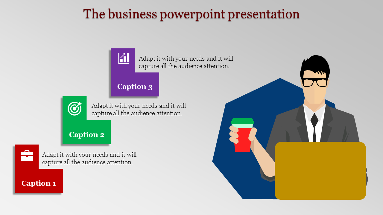 Slide with red, green, and purple text boxes aligned in steps, alongside a businessman holding a coffee cup behind a laptop.