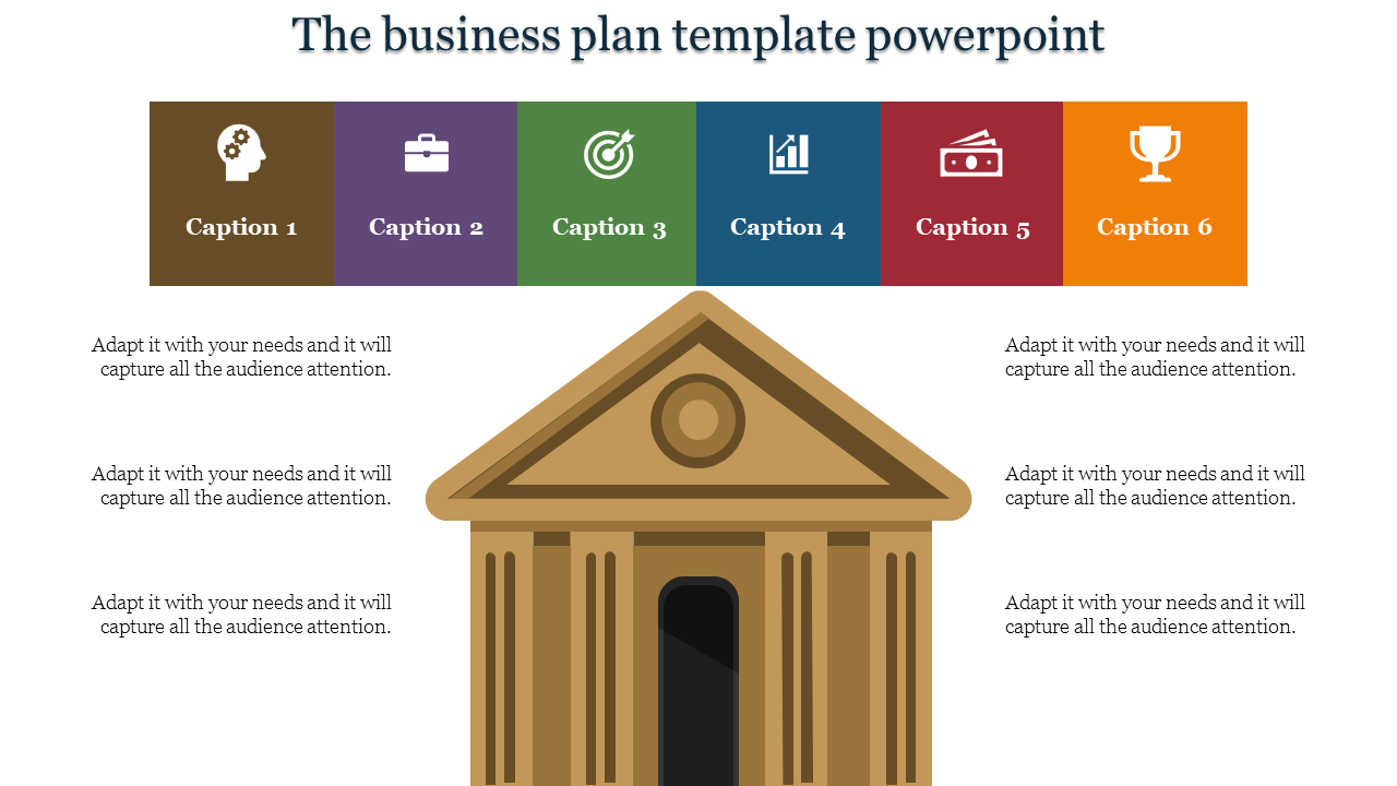Business plan slide with six colorful icons in a row and a central brown building graphic on a white background.