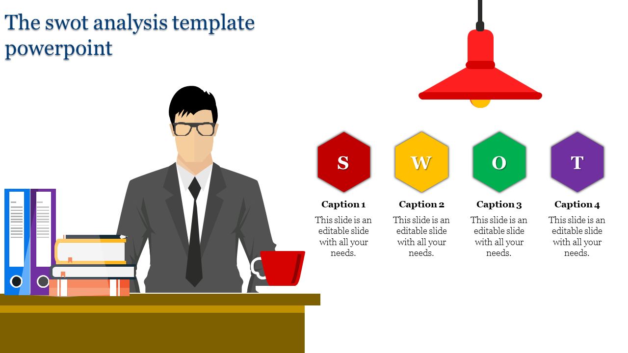 SWOT analysis template with a man at a desk, books, and four hexagonal icons in red, yellow, green, and purple.