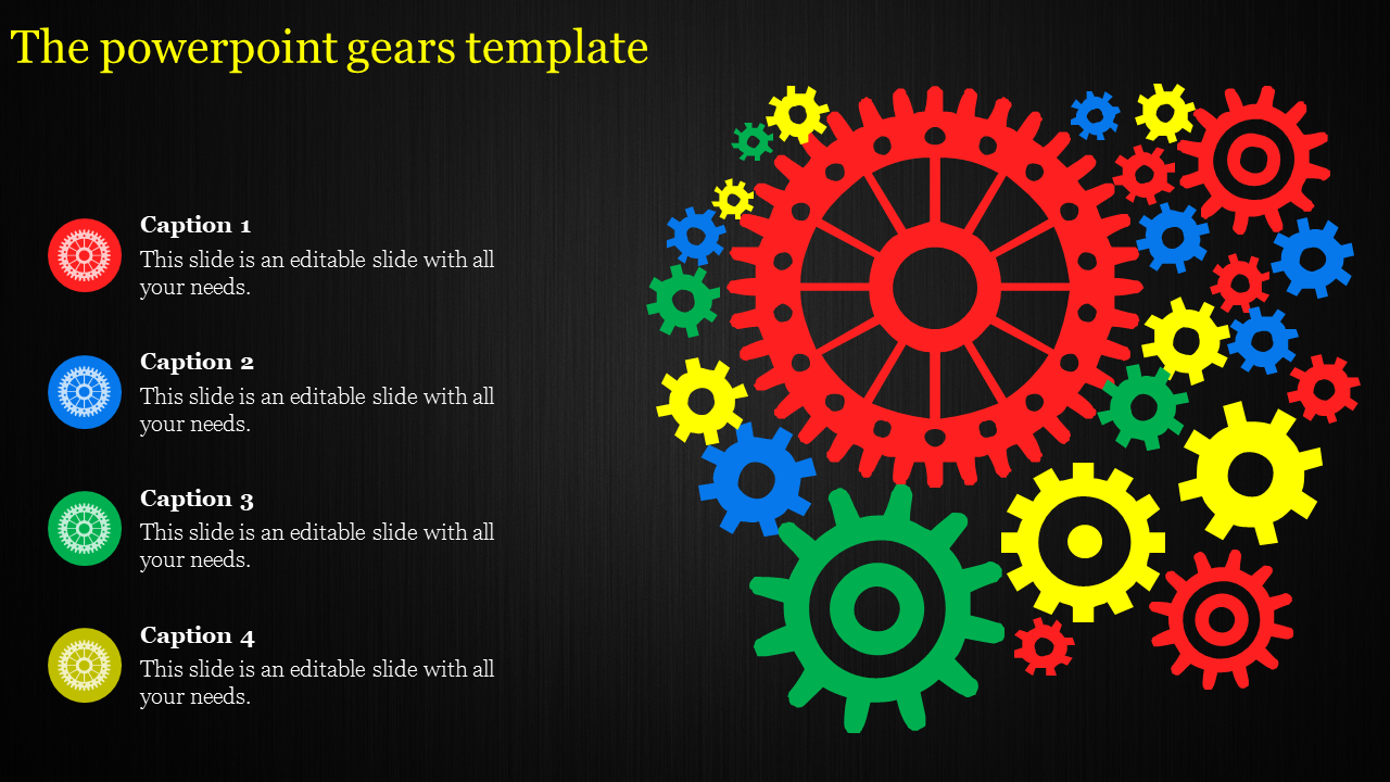A PPT slide featuring colorful gears in red, blue, green, and yellow on a dark background with captions.