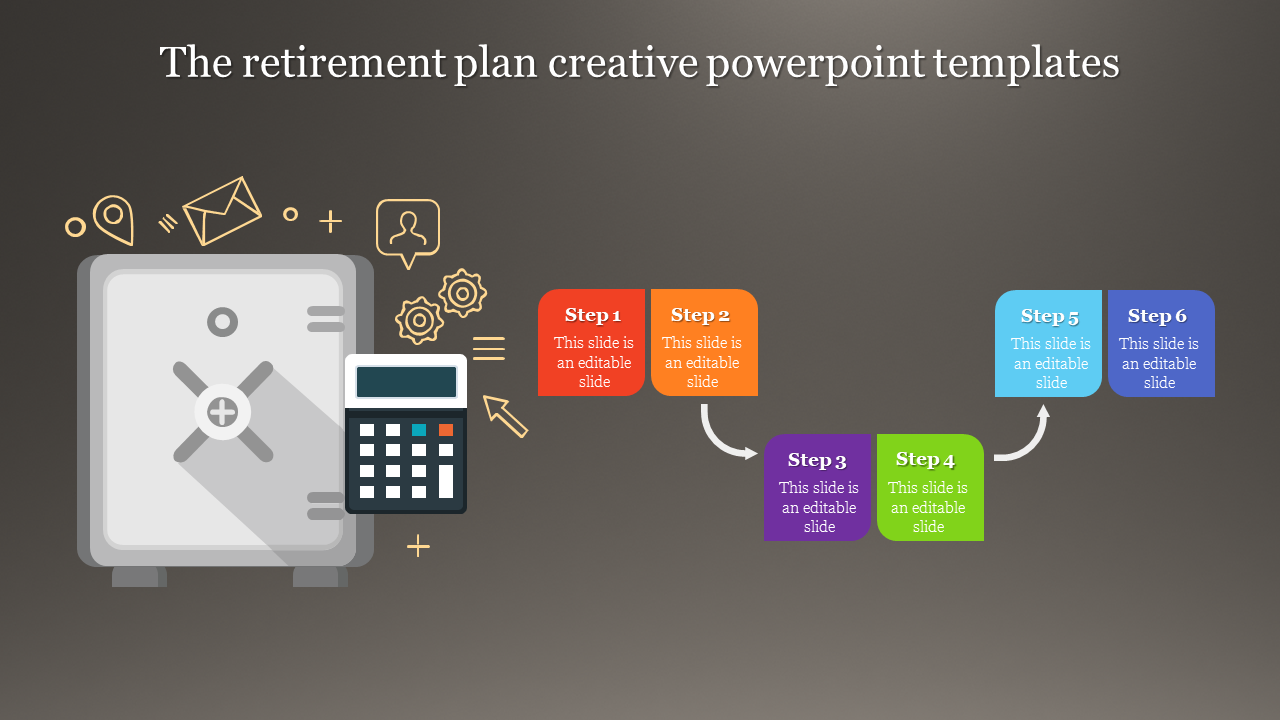 A creative PowerPoint slide with a retirement plan featuring six steps and an illustration of a safe and calculator.