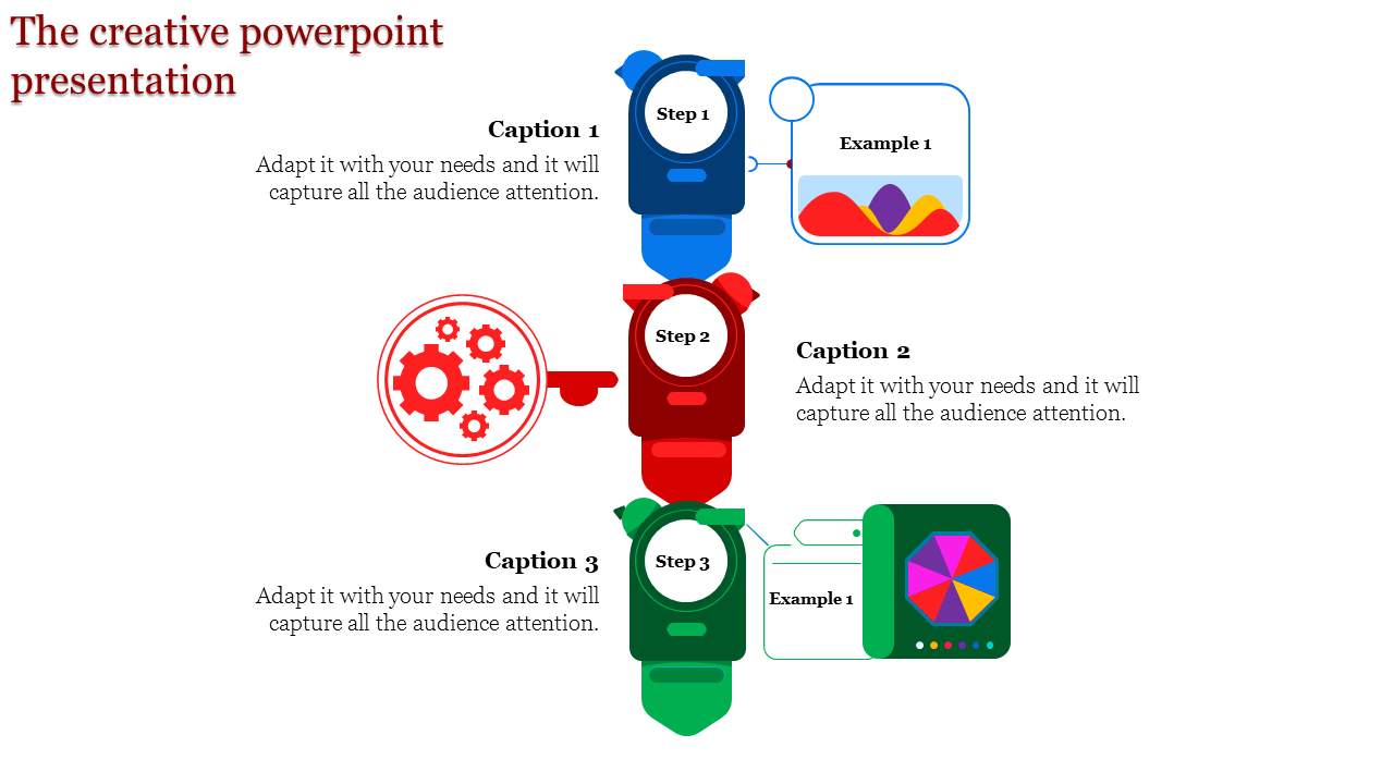 A creative PowerPoint template with a structured flow, illustrating steps and examples using bright, engaging icons.