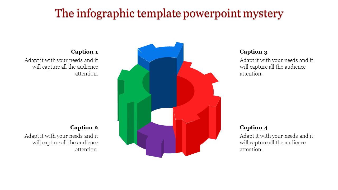 Circular infographic with 3D gear design in red, blue, green, and purple, accompanied by four captions.