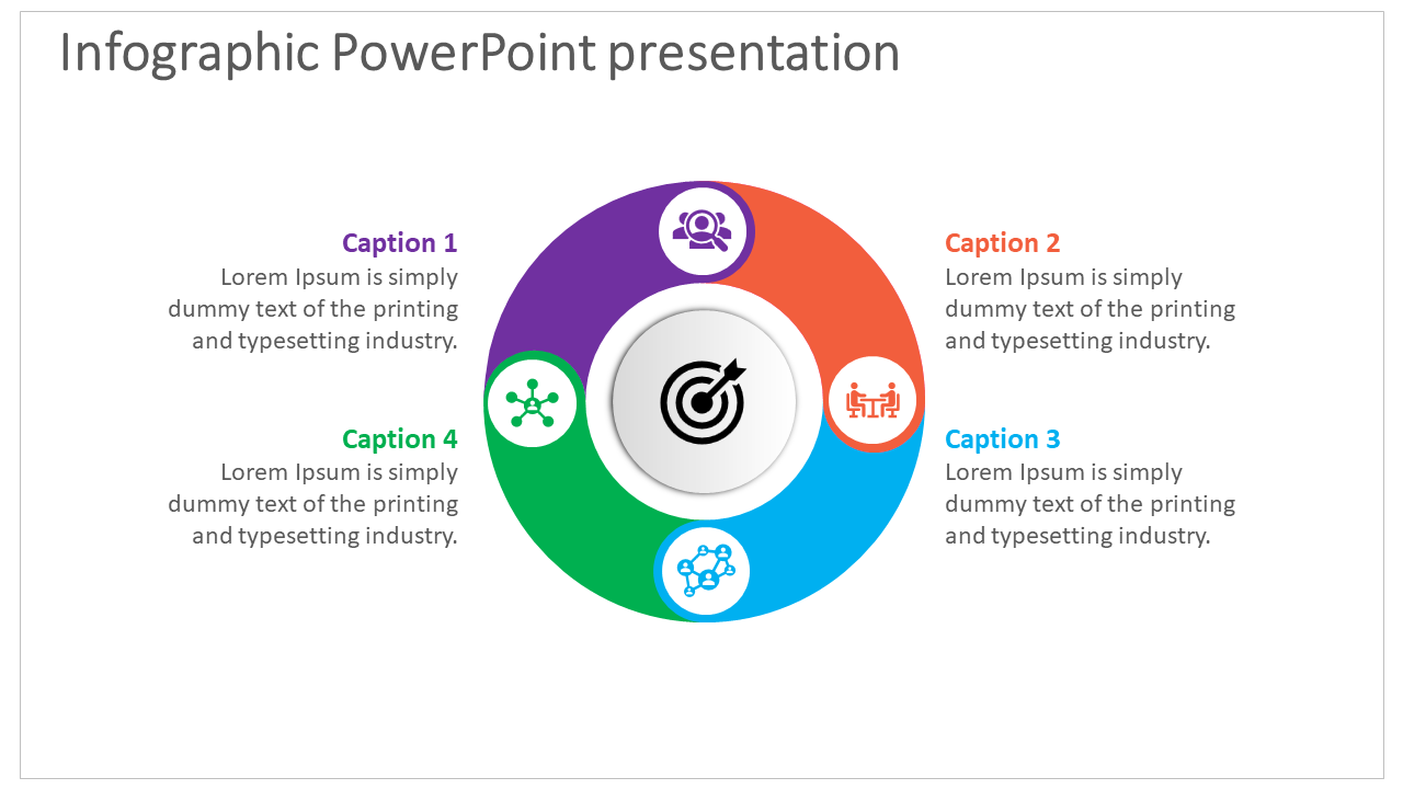 Infographic PowerPoint template with circular icons and captions for visual presentation.