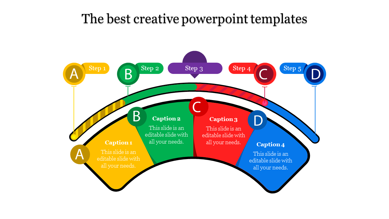 Creative PowerPoint template showcasing a colorful semi circle design with steps and captions A to D.