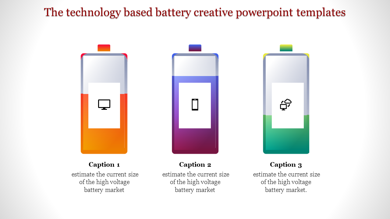 Technology themed template featuring three batteries in orange, purple, and green, with icons and captions below.