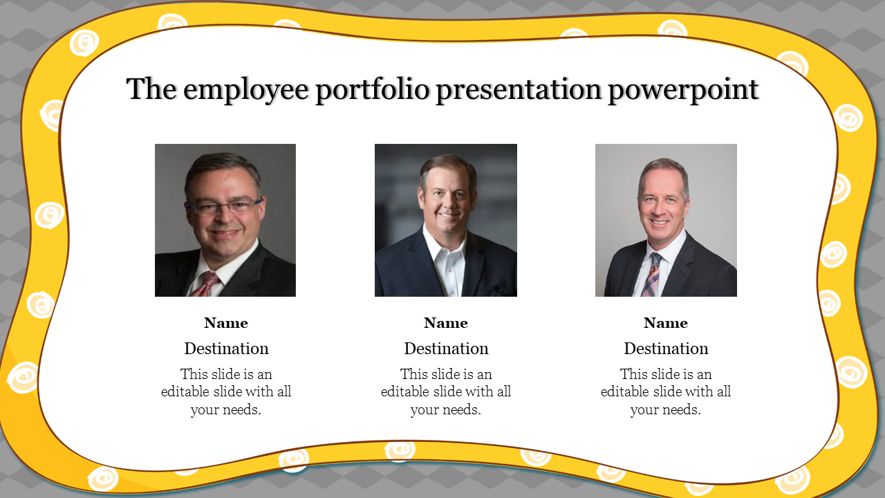 Employee portfolio presentation slide with three professional photos and captions with a yellow border.