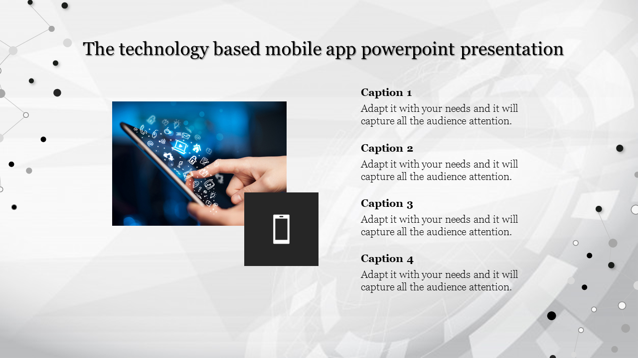 A mobile app PowerPoint presentation with icons representing various app features emerging from a smartphone screen.
