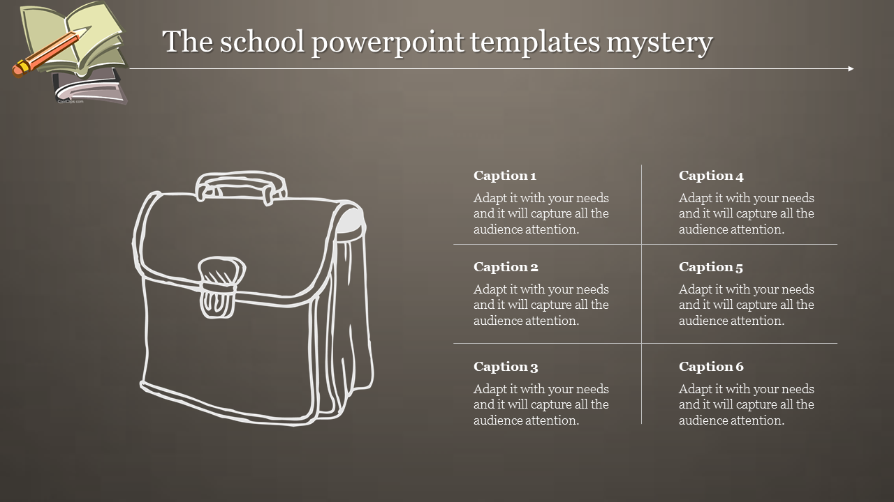 A school bag illustration for a PowerPoint template, accompanied by six caption options.