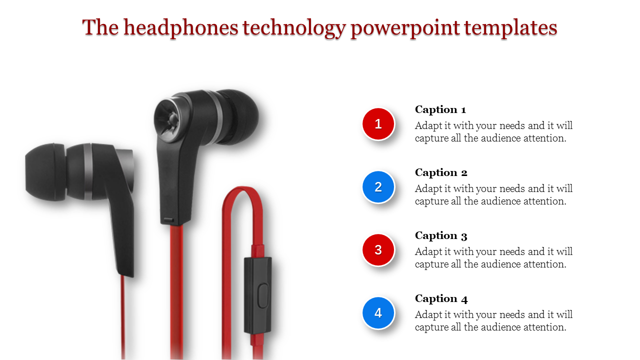 Black headphones with cord on the left and four captions on the right numbered in red and blue circles.