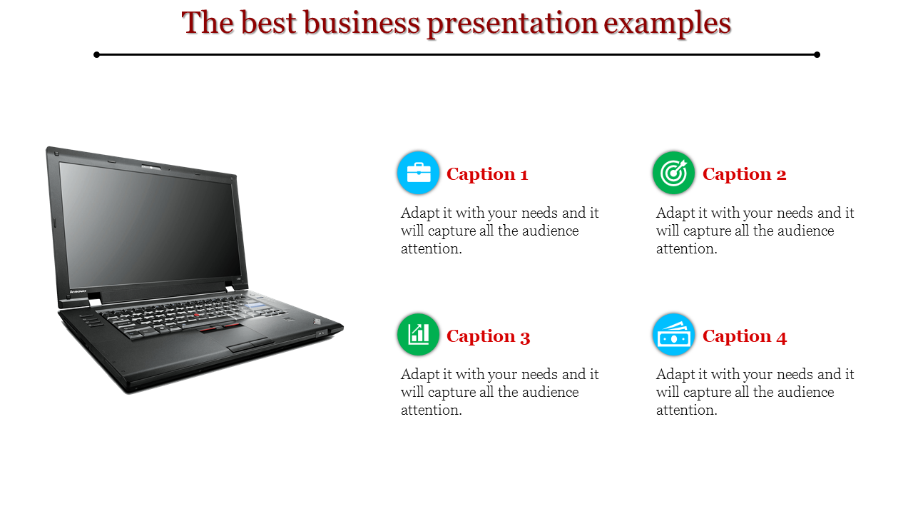 Slide with a laptop image on the left and four colorful icons with captions arranged in two rows on the right.