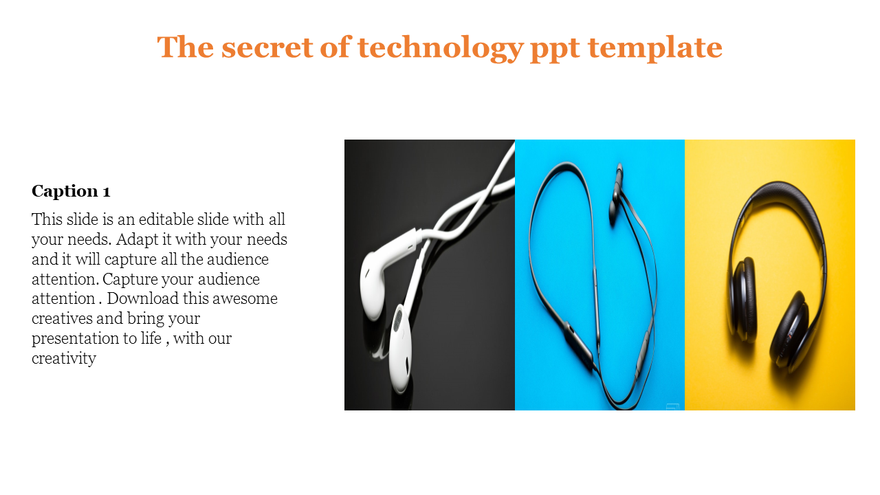 Slide with an orange title, a caption on the left, and three images showcasing earphones, earbuds, and headphones.