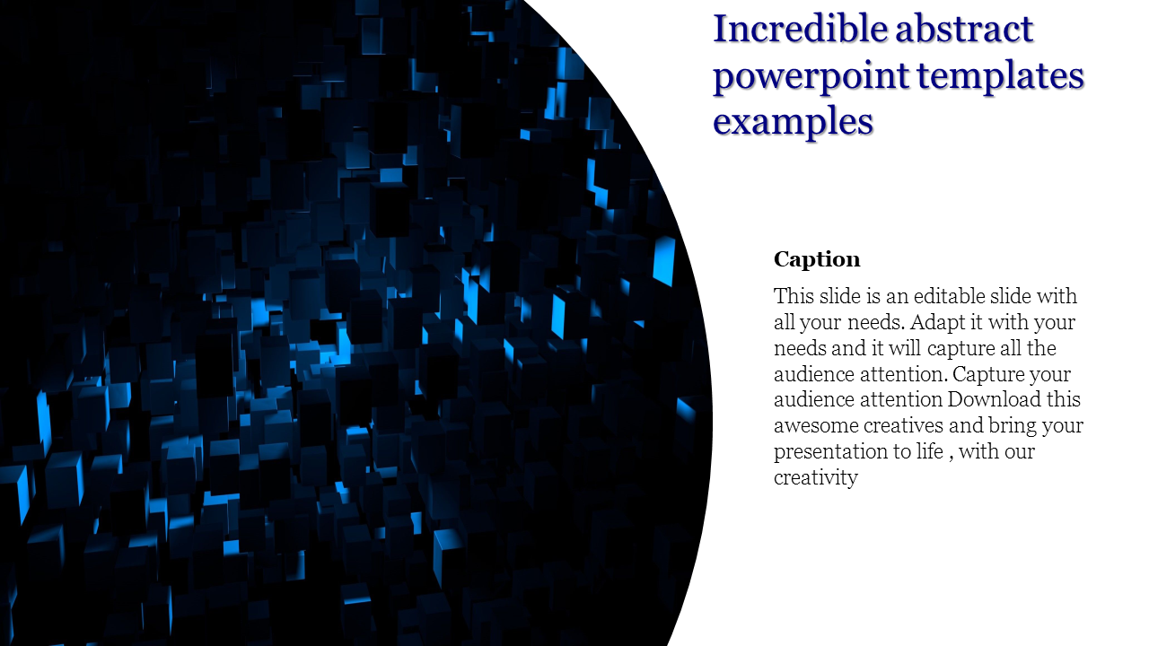 Creative PowerPoint template with floating cubes in a glowing blue design with caption text.