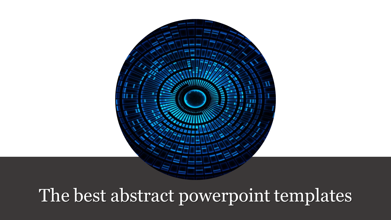 Abstract PowerPoint template featuring a glowing circular geometric design in shades of blue on a minimalist background.