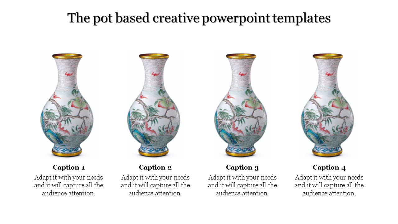 Set of four traditional vases displayed in a creative PowerPoint template.