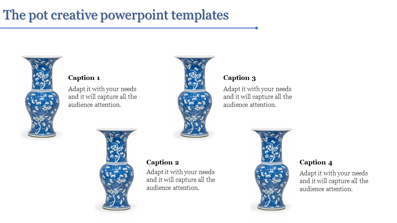 Slide featuring four blue decorative vases, each paired with a caption, on a white background with a header.