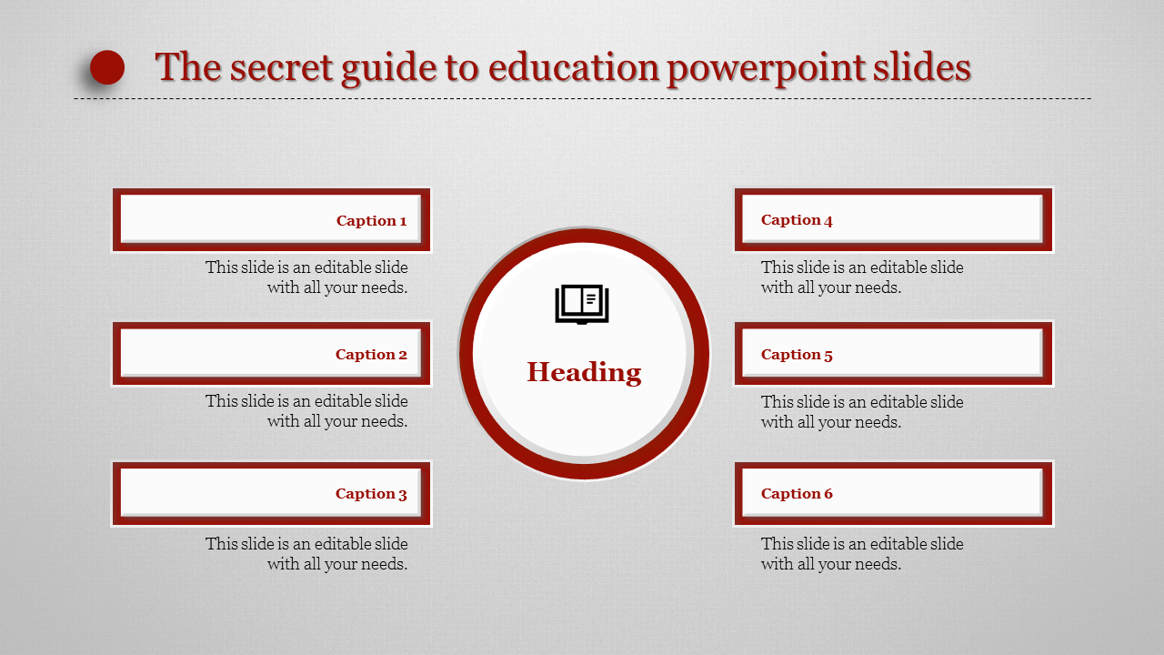 Educational slide with six red bordered caption boxes and a central heading icon on a light gray textured background.