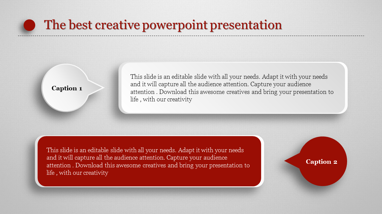 Creative PowerPoint presentation slide with two caption boxes in white and red, offering content areas.