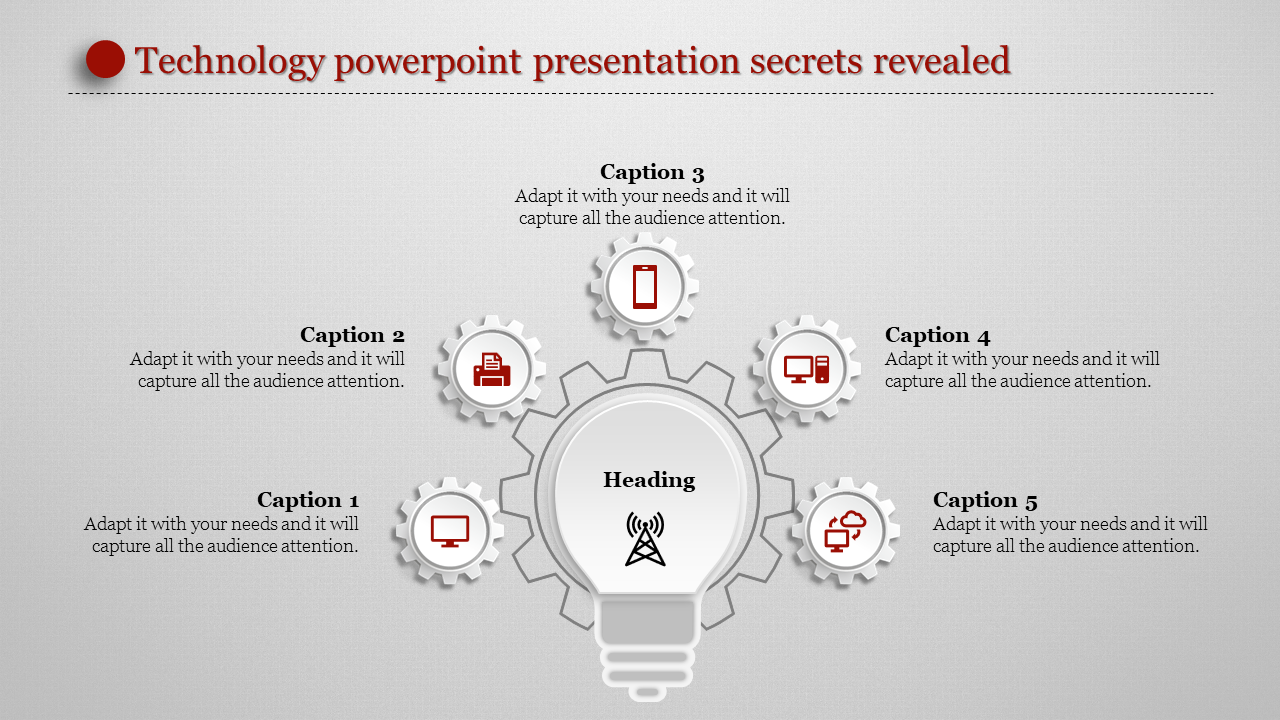 Professional PowerPoint slide design with a central light bulb surrounded by icons representing technology and communication.