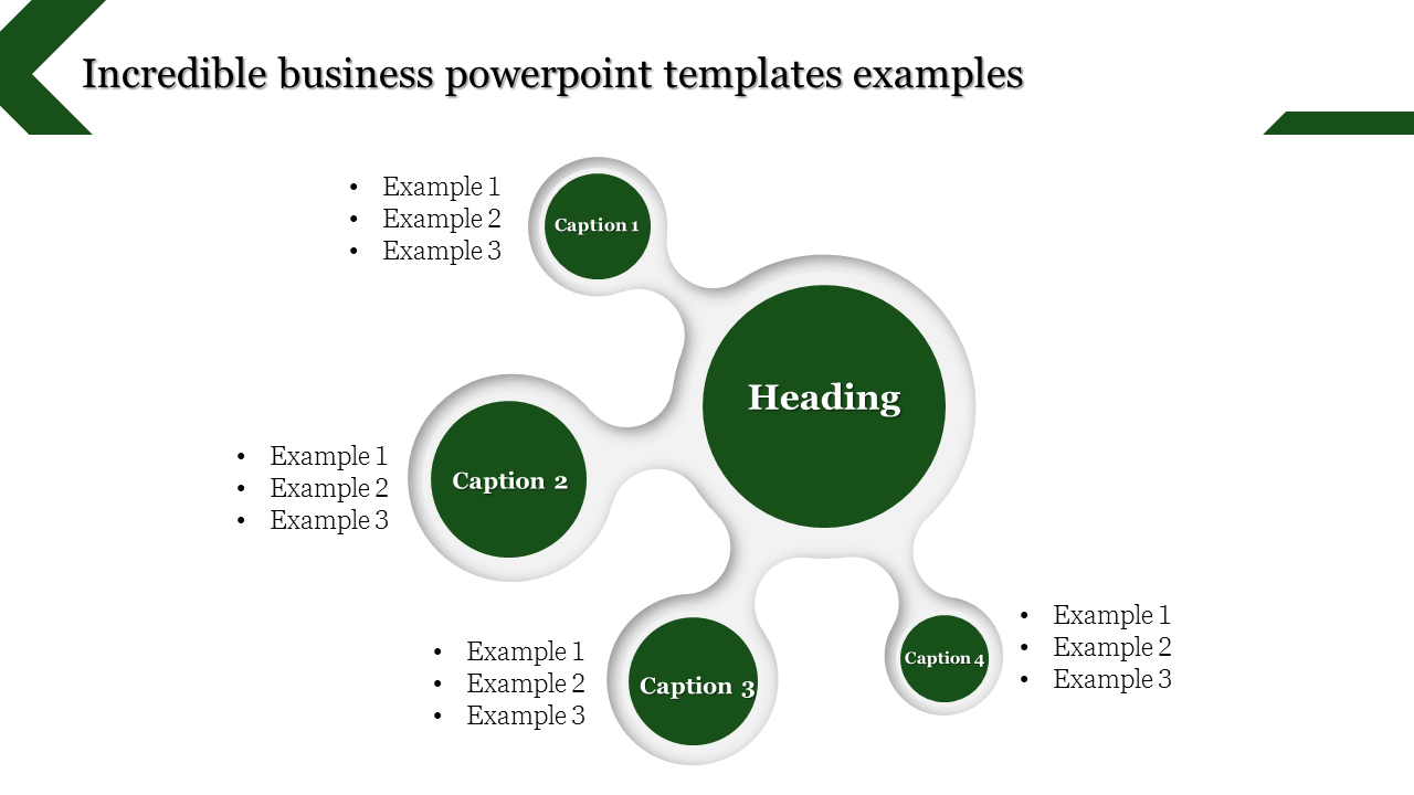 Creative business PowerPoint template showcasing interconnected green circles with captions and bullet point examples.