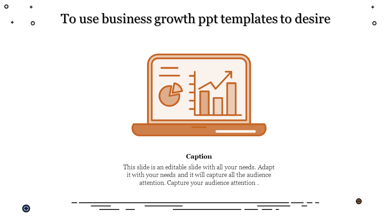 Business growth slide with a brown laptop illustration displaying a bar graph and pie chart on a white background.