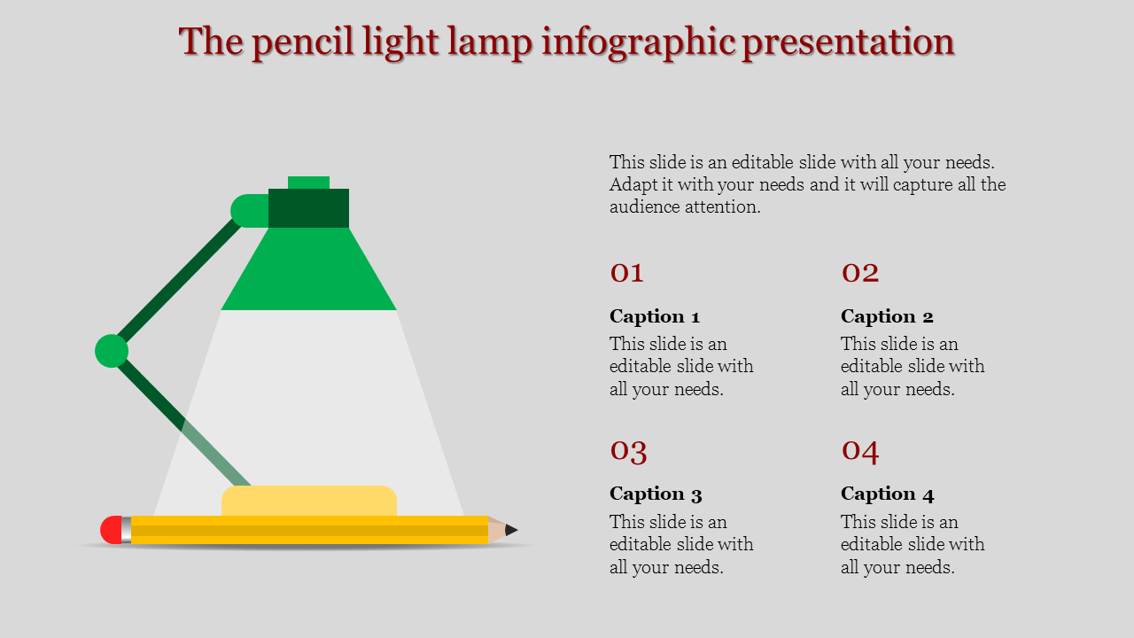 Infographic of a green desk lamp illuminating a yellow pencil, with four captions for additional information points.