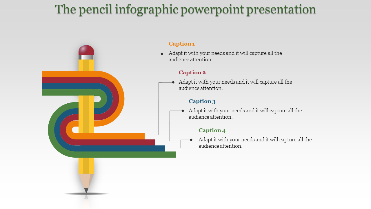 Pencil shaped infographic with colorful overlapping paths in orange, red, blue, and green, paired with caption areas.