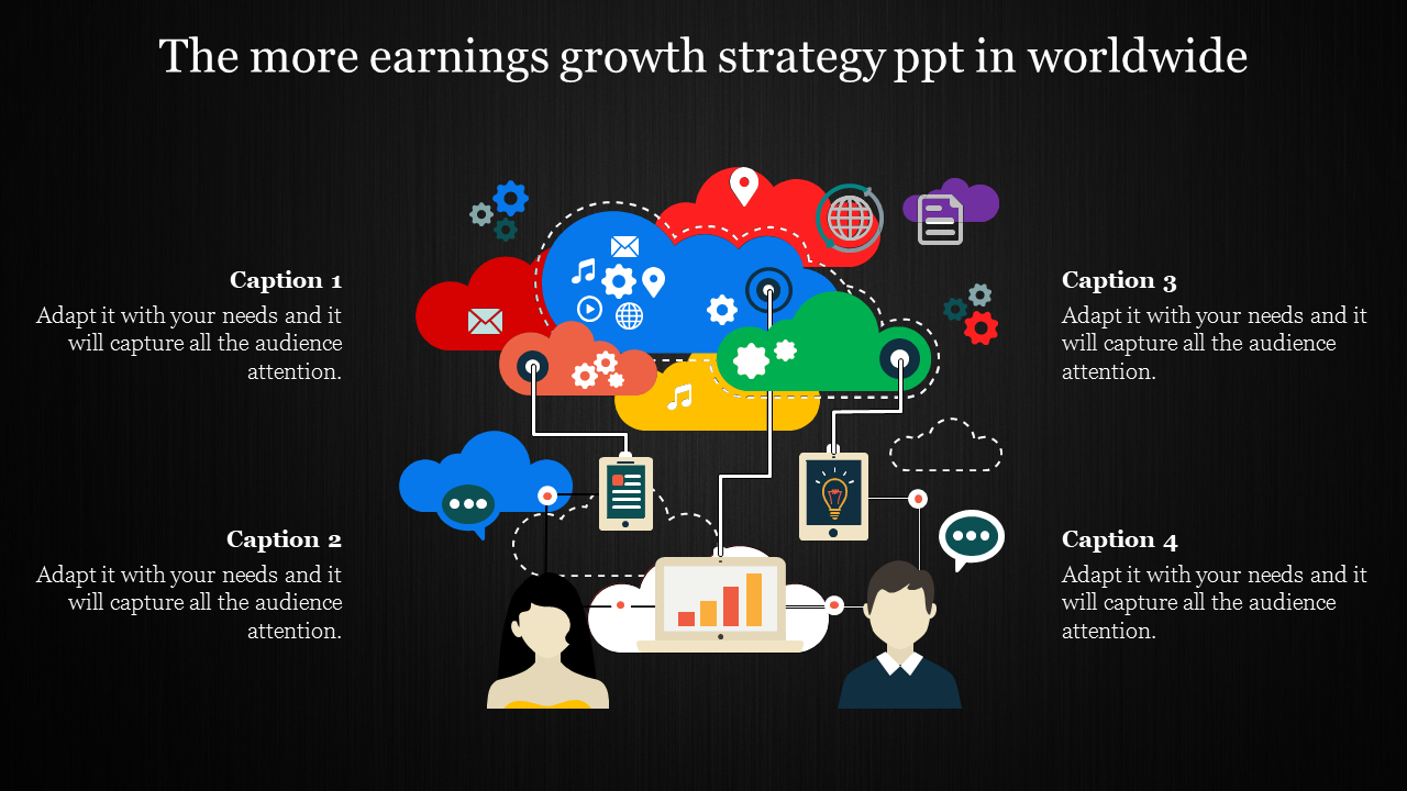 Growth slide with colorful cloud icons, connection lines, and four captions around a central visual on a dark background.