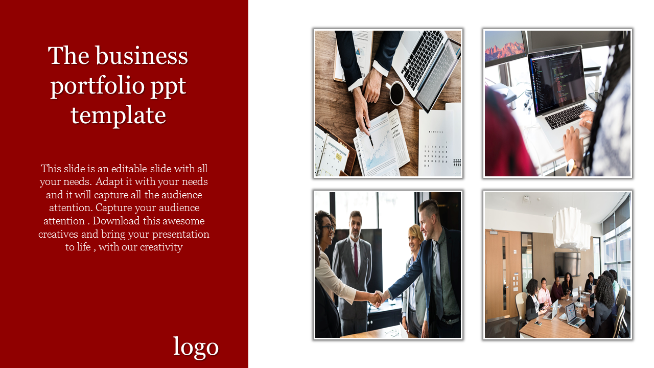 Business slide featuring a red section with text and four photos of professional settings on the right.