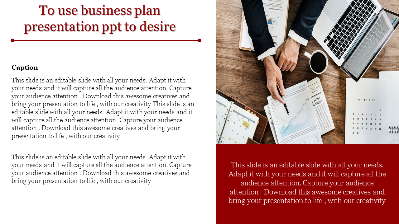 Business plan presentation slide features text on the left and an image of a workspace with charts and a laptop on the right.