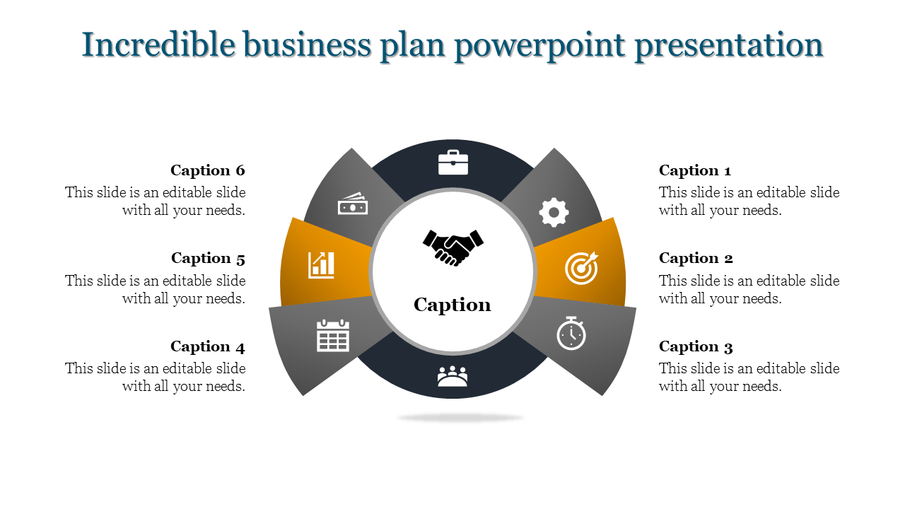 Circular infographic slide showcasing key elements of a business plan, with six sections labeled with icons and captions.