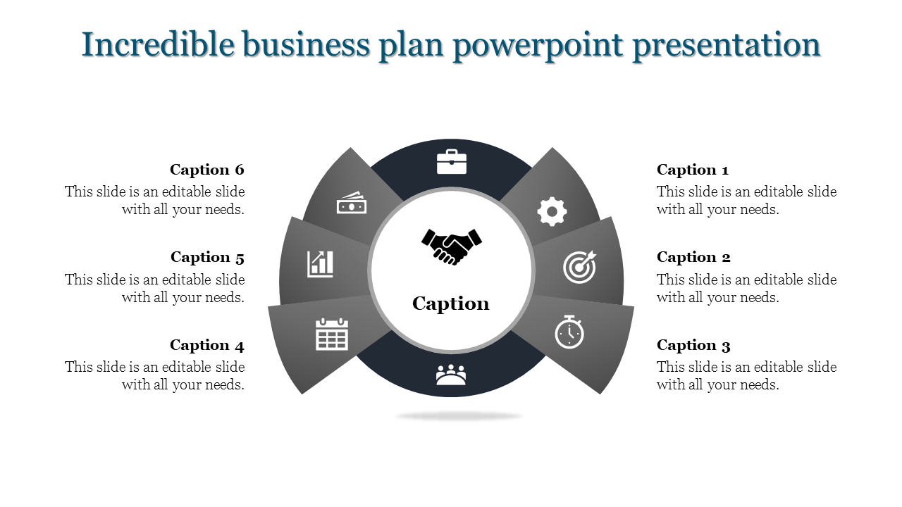 Business plan PowerPoint slide featuring a grayscale circular infographic with six sections and a central handshake icon.