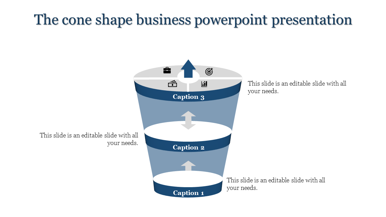 Cone shaped infographic with three segments labeled captions 1 to 3, with arrows and icons at the top.