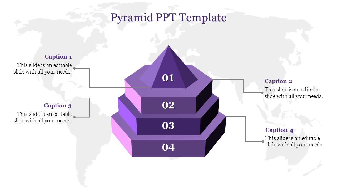 Purple pyramid diagram with four stacked layers numbered 01, 02, 03, and 04, each linked to captions areas. 