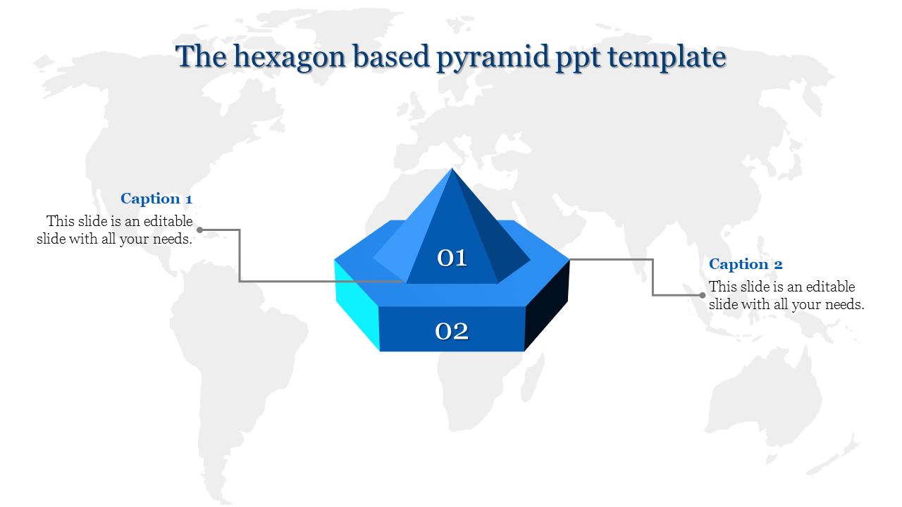 Blue pyramid with hexagon base labeled 01 and 02, featuring captions on a subtle world map backdrop.