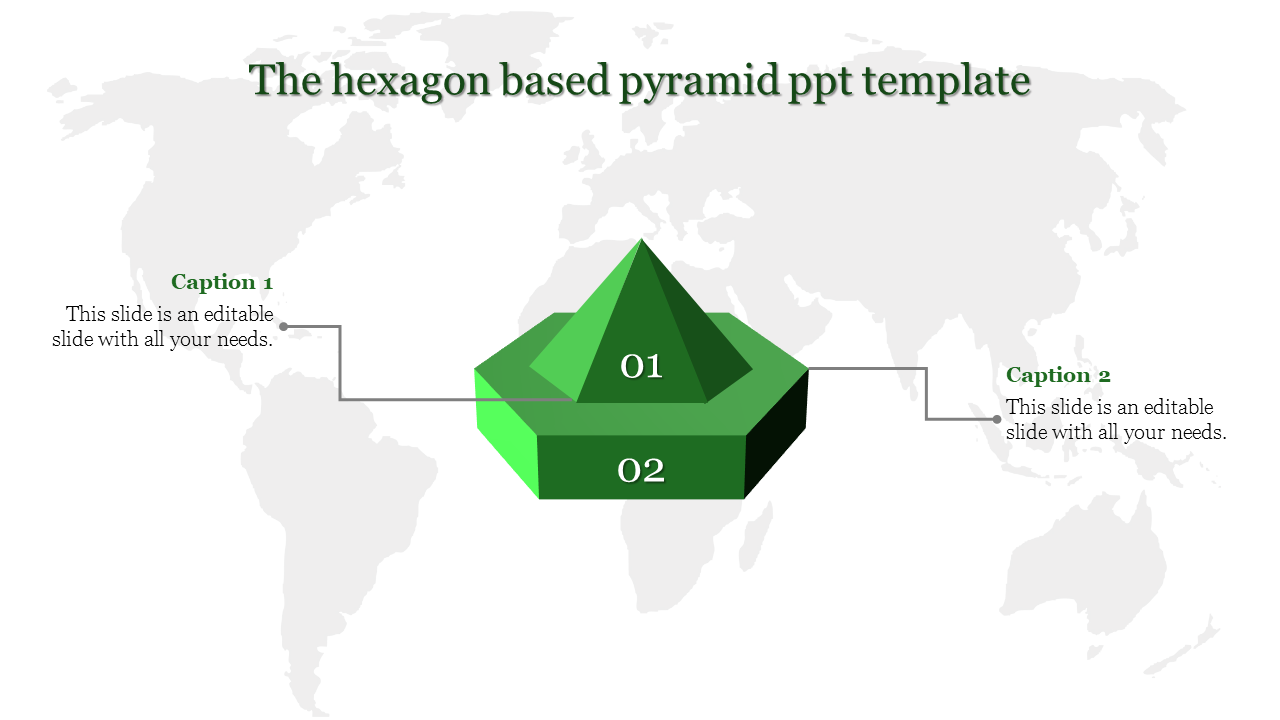 Minimalistic green hexagonal pyramid with two levels, and captions on either side, set against a gray map backdrop.