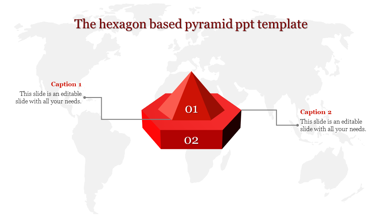 3D red pyramid with hexagonal layers labeled 01 to 02, and captions aligned on both sides over a map background.