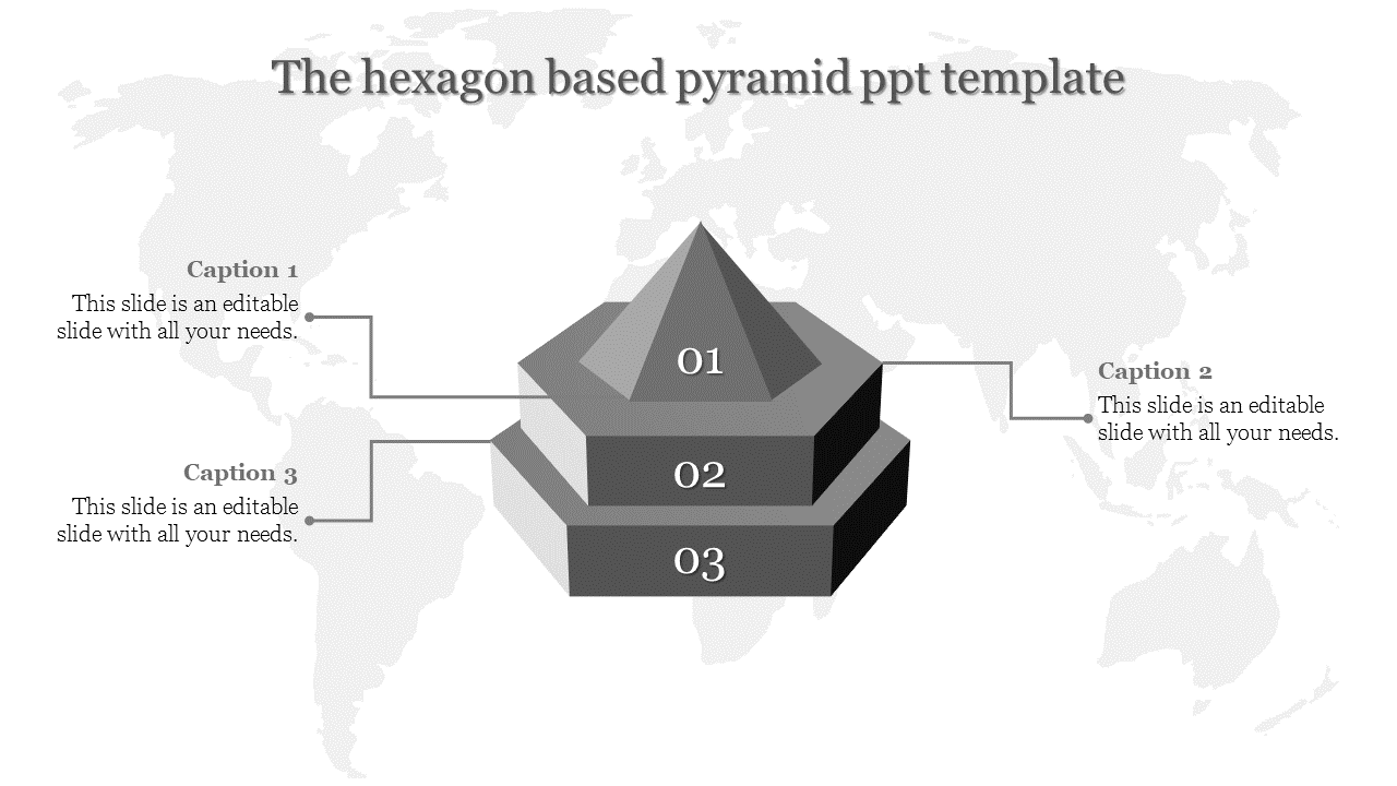 Gray layered hexagonal pyramid diagram with three levels and connected captions, set against a light world map.