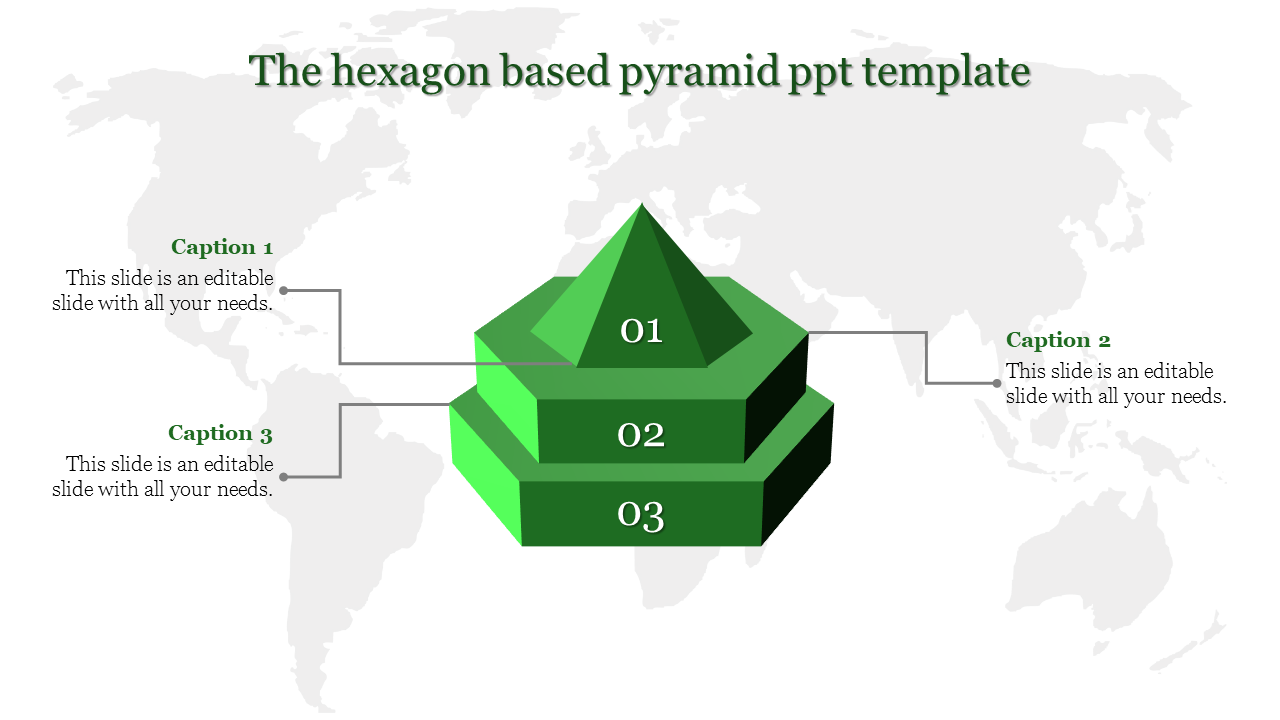 Green hexagonal pyramid template featuring three segments, numbers 01 to 03, with descriptive captions on either side. 