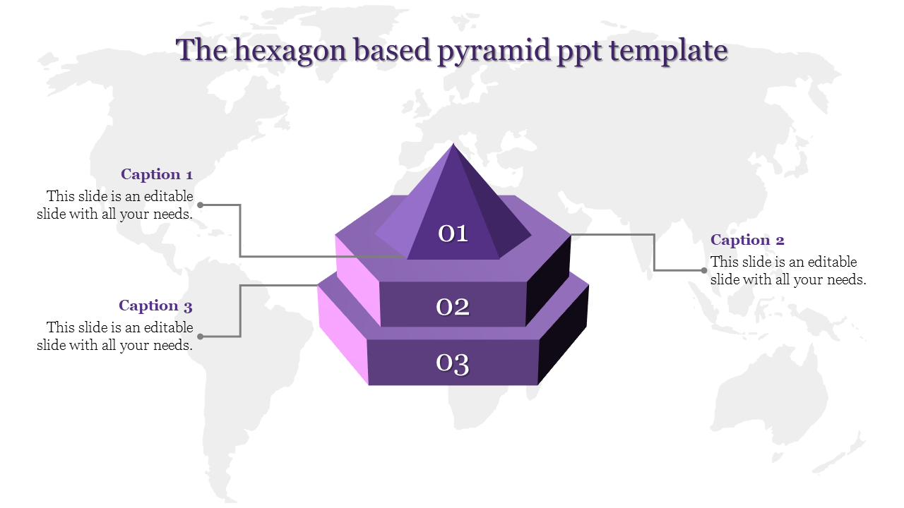 Purple layered hexagonal pyramid diagram with three levels and connected captions, set against a light world map.