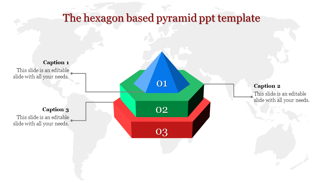 Hexagon based 3D pyramid infographic with blue, green, and red layers, labeled 01, 02, and 03, accompanied by captions.